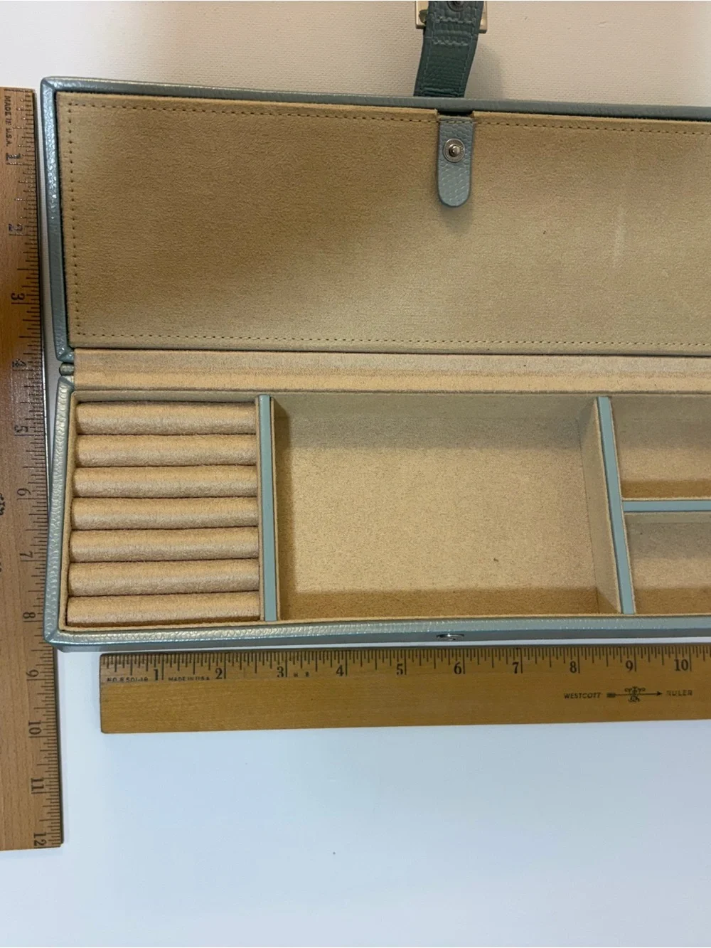 WOLF teal and beige Jewelry Organizer Box with Ring Rolls